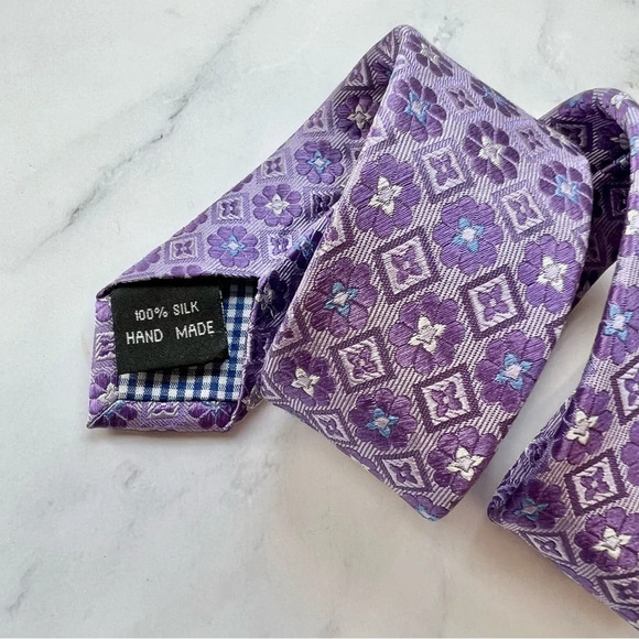 Duchamp Purple Blue Floral Geometric Men’s Silk Tie Hand Made in England - Picture 4 of 8